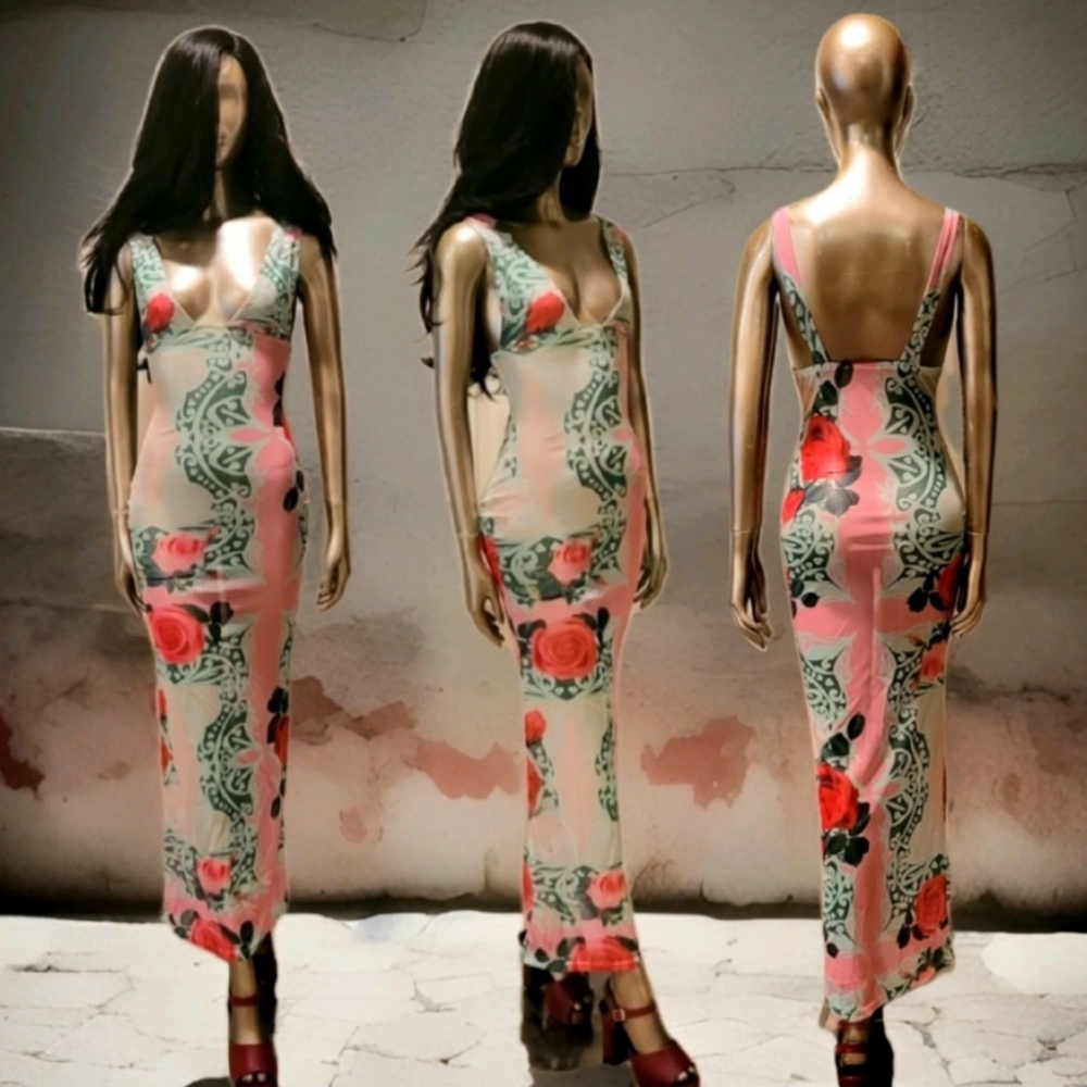 NWT Sexy Vibrant Romantic Floral Print Mesh Bodycon Maxi Dress Sz S - Picture 2 of 16